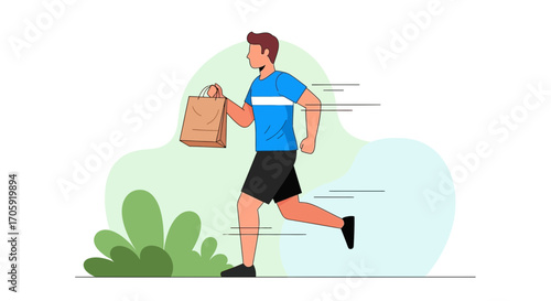 Fast Food Delivery Runner In Action, Delivering Packages or Shopping Bags Quickly and Efficiently