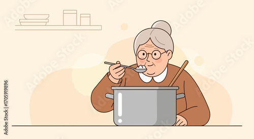 Grandmother Tries the Food She is Cooking, Kitchen Illustration, Cooking Dinner Time