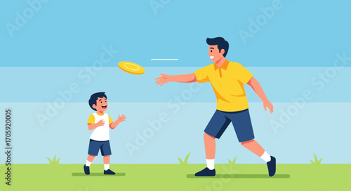 Father And Son Bonding Moment Playing With a Frisbee On a Sunny Day Outdoors