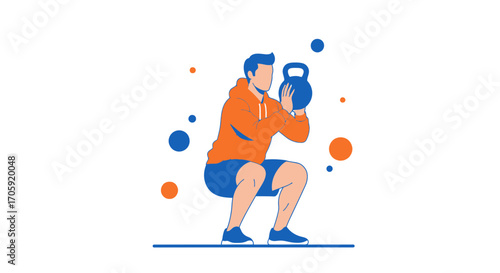 Graphic Illustration Of Person Squatting With a Kettlebell Exercising For Fitness Goals.