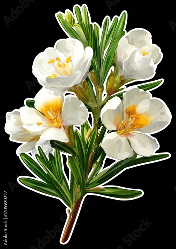 Botanical illustration of white flowers with yellow centers and narrow green leaves, isolated on a black background with subtle white outline