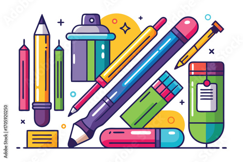 Colorful pencils, erasers, and sharpener are arranged aesthetically over a bright transparent backdrop