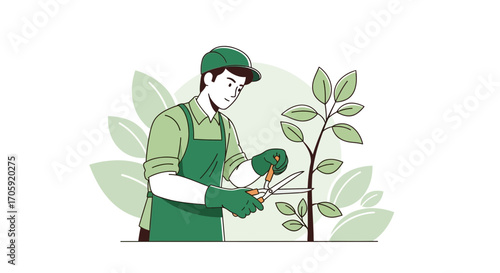 Green-Clad Gardener: Pruning And Nurturing The Growth Of A Young Plant In The Garden
