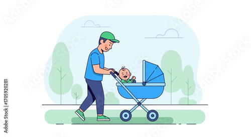Father Walking In Park Pushing Baby Stroller Joyfully, Outdoor Moment, Family Bonding