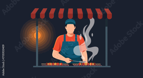 Grilling Delights: A Culinary Artisan Crafting Savory Kebabs Under a Street Stall
