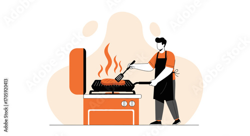 Grilling Enthusiast: A Man Cooking Steak On A Barbecue Vector Illustration