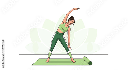 Female Athlete Performing Yoga Pose on Mat with Flower Background for Wellness Concept