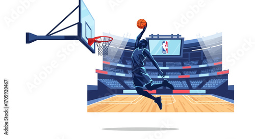 Vector of Basketball Dunk Attempt in Indoor Arena with Defender and Crowd
