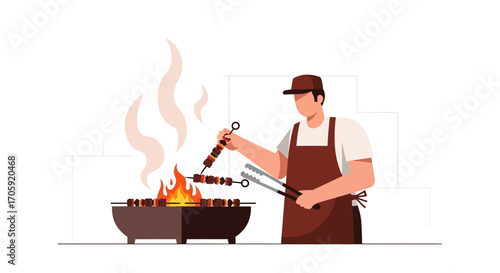 Grilling Process: Chef Presenting Skewers Above Red Hot Flames, Ready Mealtime
