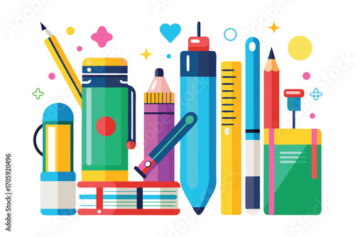 Colorful arrangement featuring pencils, pens, ruler, and other school stationery items over a white background