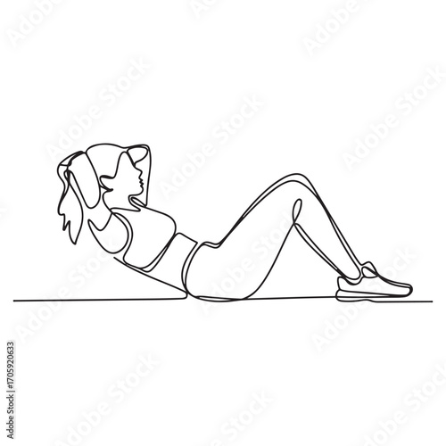 One continuous line Art drawing of young sporty woman working out lying sit up on the floor in fitness gym club center. with white background