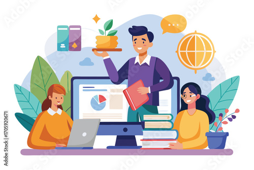 Smiling Caucasian man with plant oversees woman using laptop and woman studying