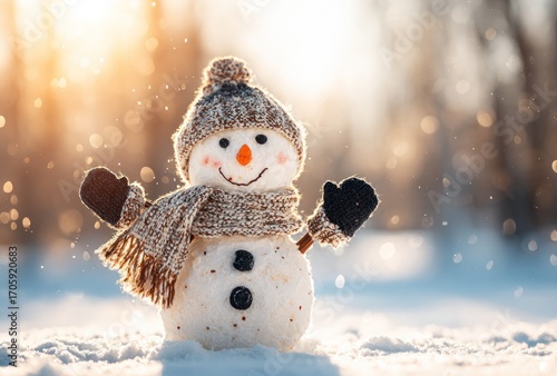 A charming snowman with a scarf and hat stands in snow, glowing in warm sunlight with delicate bokeh forming in the background