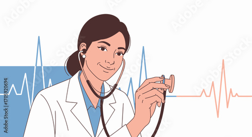 Female Doctor Examining Patient, Health Professional Using Stethoscope For Checkup Illustration