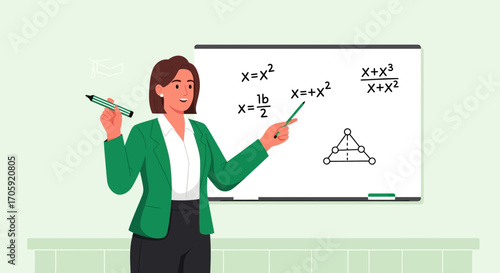 Female Educator Explaining Mathematics Concepts Using Whiteboard and Pointer in Classroom