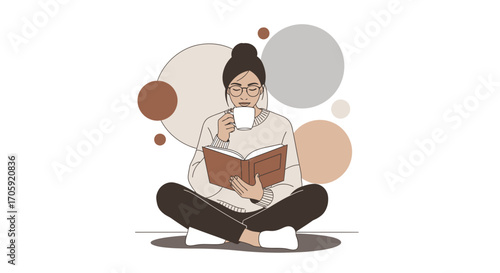 Female Enjoying Coffee Reading Book In Graphic Style Creating Pleasant Atmosphere
