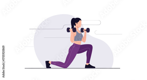 Female Exercising Outdoors, Lifting Dumbbells and Doing Lunges, Representing Physical Fitness
