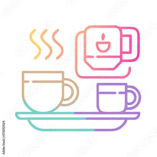 Coffee cups and kettle on a plate in modern pastel style  