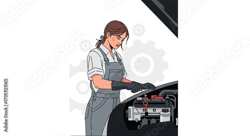 Female Mechanic Inspecting A Car Engine With Determination And Expertise Illustration
