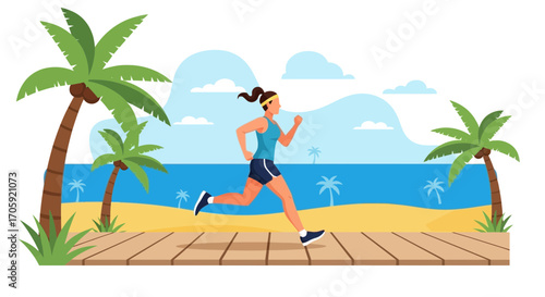 Female Jogger Running On A Seaside Boardwalk Through Palm Trees Towards The Horizon