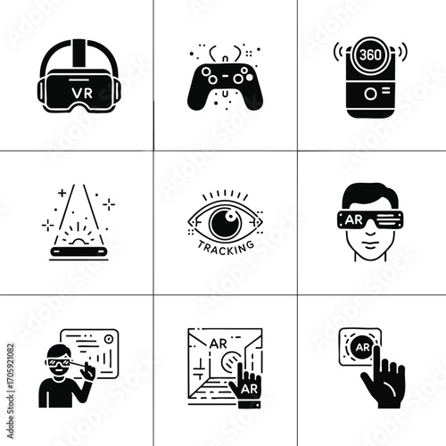 Isolated icons of VR and AR technologies. Featuring headset, tracking eye, game controller, 360 camera, and augmented reality interactions