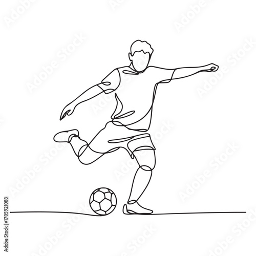 One continuous line Art drawing of young energetic football player kicking the ball to pass to his teammates. Soccer match sports concept. with white background