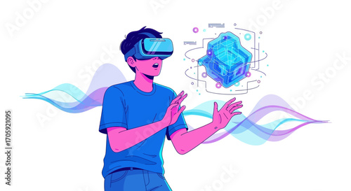 Guy Experiencing Immersive Virtual Reality World through Advanced Headset and Technology
