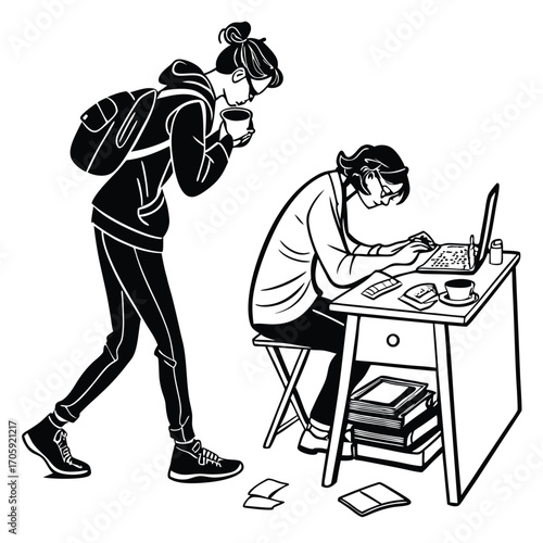 Young woman carrying coffee walks toward another woman working on a laptop