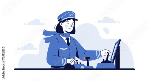 Female Pilot Operating Cockpit Controls in Simplified Flat Illustration Style
