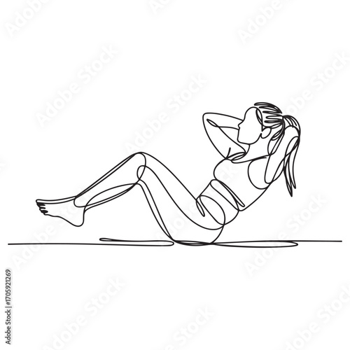 One continuous line Art drawing of young sporty woman working out lying sit up on the floor in fitness gym club center. with white background