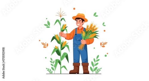 Happy Agronomist Displays Freshly Harvested Crops In The Fields, Smiling On A Sunny Day