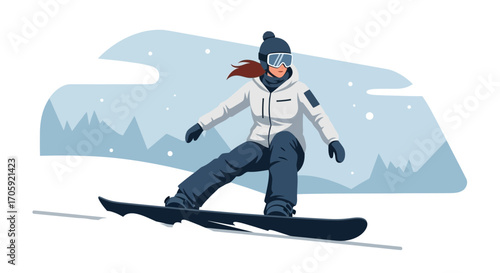 Female Snowboarder Carving Downhill Against Snowy Mountain Background and Pure White