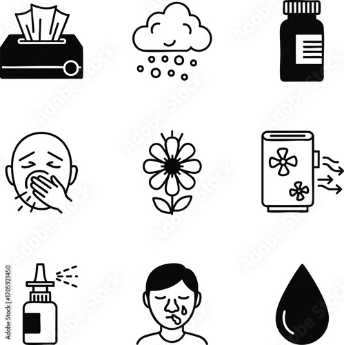 Line icons for allergy and cold symptoms. Features sneezing, runny nose, tissue box, flower, medication, and air purifier