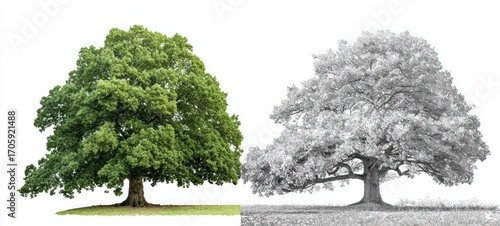 A halved image featuring a vibrant green tree juxtaposed with its grayscale counterpart against a clean white background