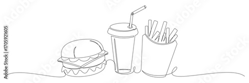 Continuous line drawing of Burger, soda, and fries for takeout. Fast food concept illustration vector 2