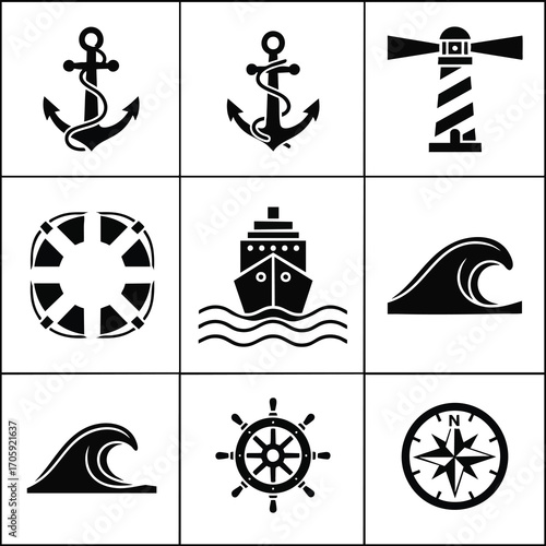 Marine icon set with anchor, ship, lighthouse, lifebuoy, waves, steering wheel and compass, presented in a minimalist black and white style