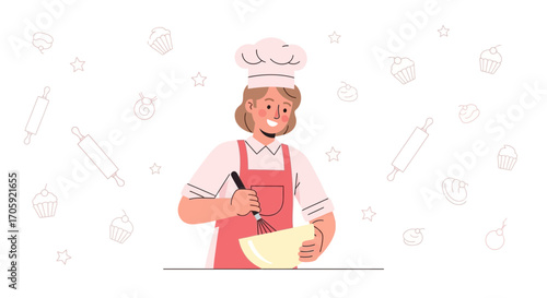 Happy Baker Preparing Ingredients With Whisk And Bowl For Baking Delicious Treats