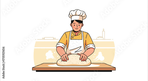 Happy Baker Kneading Dough On A Table In Kitchen Scene Illustration