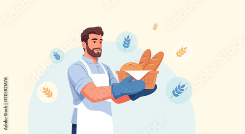 Happy Baker Presenting Freshly Baked Bread in a Decorative Basket Illustration