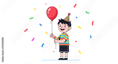 Happy Boy Holding a Balloon and Wearing a Party Hat, Celebrating with Confetti