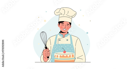Happy Baker With Cake, Smiling and Holding Whisk, Bakery Illustration Design