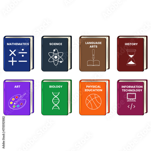 Education Subjects Book Icons Set of Mathematics, Science, Language, History, Arts, Biology, Sports, Computer