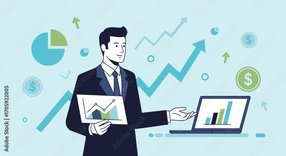 Fototapeta premium Financial Success: An Analytical Businessman Presenting Growth Charts and Data Analysis