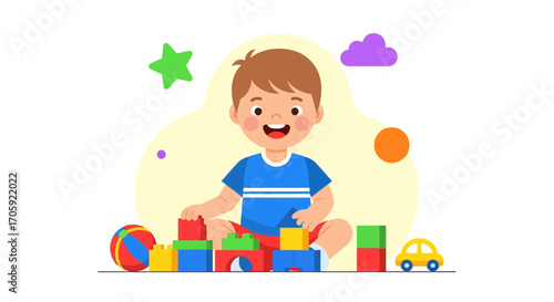 Happy Child Building Colorful Towers With Blocks During a Playtime Session