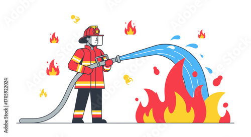 Firefighter Extinguishes Flames With Powerful Water Stream In Dynamic Illustration