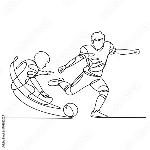 One continuous line Art drawing of young energetic football player kicking the ball to pass to his teammates. Soccer match sports concept. with white background