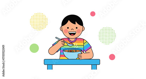Happy Child Eating Food from Bowl With Colorful Shirt and Polka Dots Background