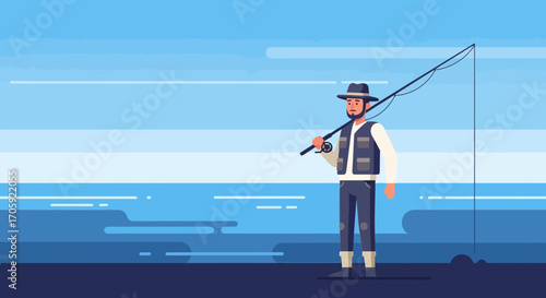 Fisherman At The Coastline, Leisure Time, Fresh Water, And Peaceful Sky Illustration
