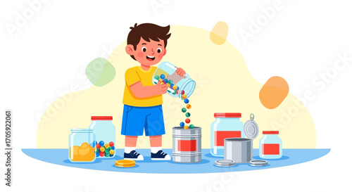 Happy Child Engaging In Playful Activity With Jar And Colorful Marbles Collection