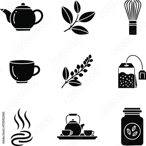 Minimalist black silhouette icons representing various tea elements. This set features a teapot, teacup, tea leaves, teabag, and whisk